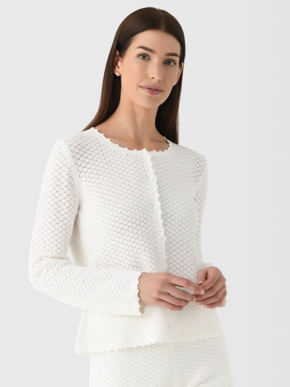 Posse Cream Helena Open weave Knit Button Cardigan with button detail.